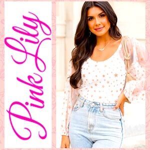 ⭐️Pink Lily Ivory Star Print Mesh Sleeve Bodysuit⭐️